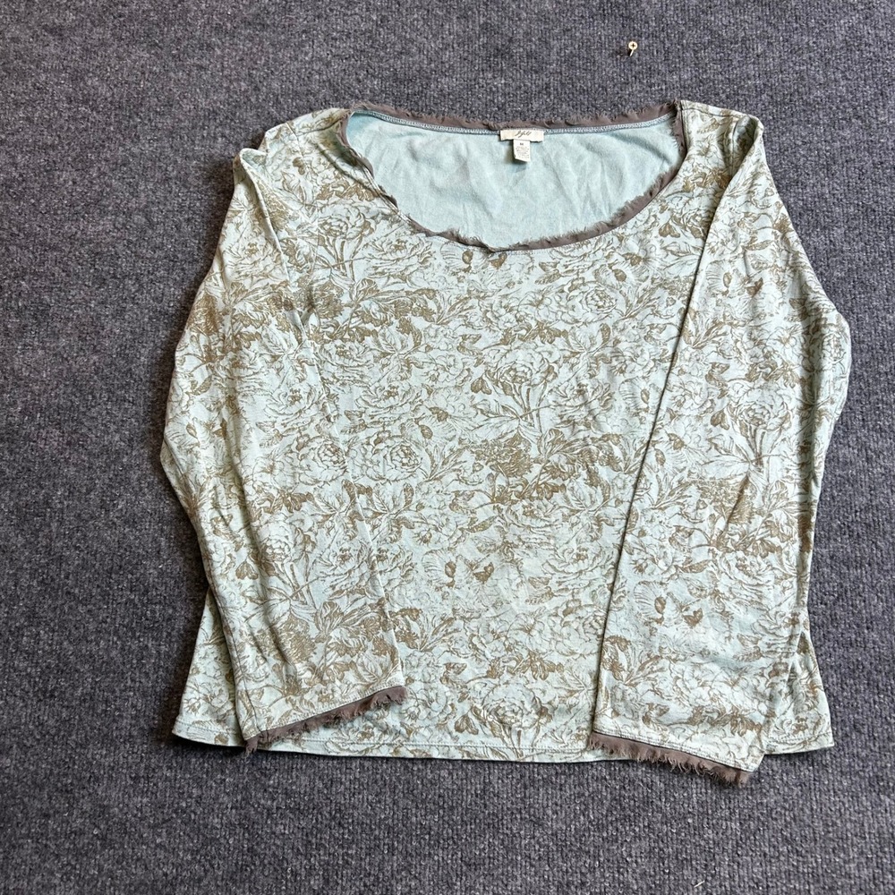J. Jill Top Womens Size M Blue Silk Trim Floral Cotton Long Sleeve Scoop Neck